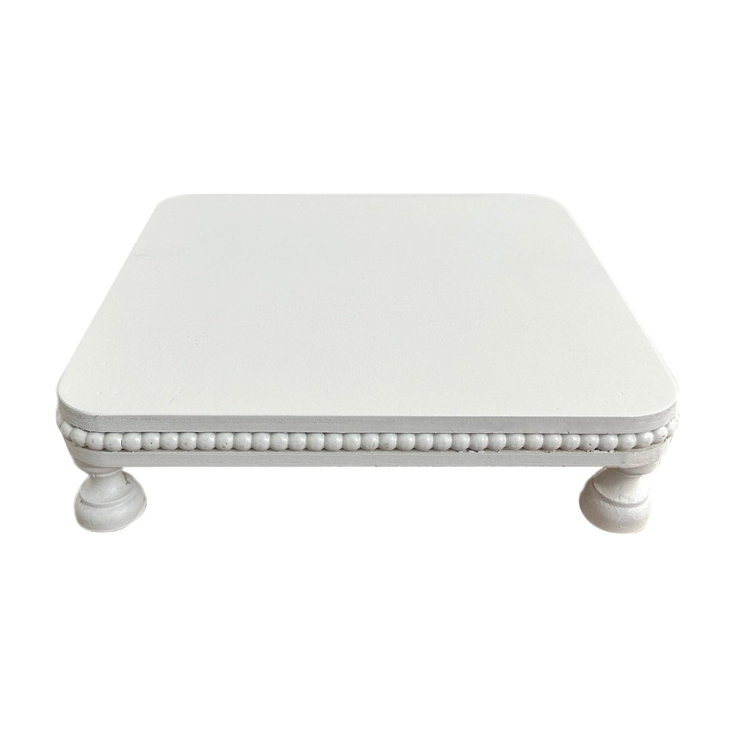 dwellington Farmhouse Display Wood Riser, 12" Decorative Beaded Pedestal Stand, Square Tiered Tray Decor for Kitcher Decor, Countertop (White)