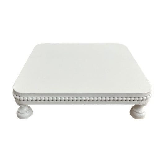 dwellington Farmhouse Display Wood Riser, 12" Decorative Beaded Pedestal Stand, Square Tiered Tray Decor for Kitcher Decor, Countertop (White)