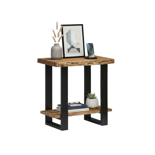 Alaterre Furniture Alpine Live Edge Modern End Table - 2-Tier Narrow Side Table with Open Storage Shelf - Solid Wood and Metal Modern Nightstands for Living Room or Bedroom (Natural)