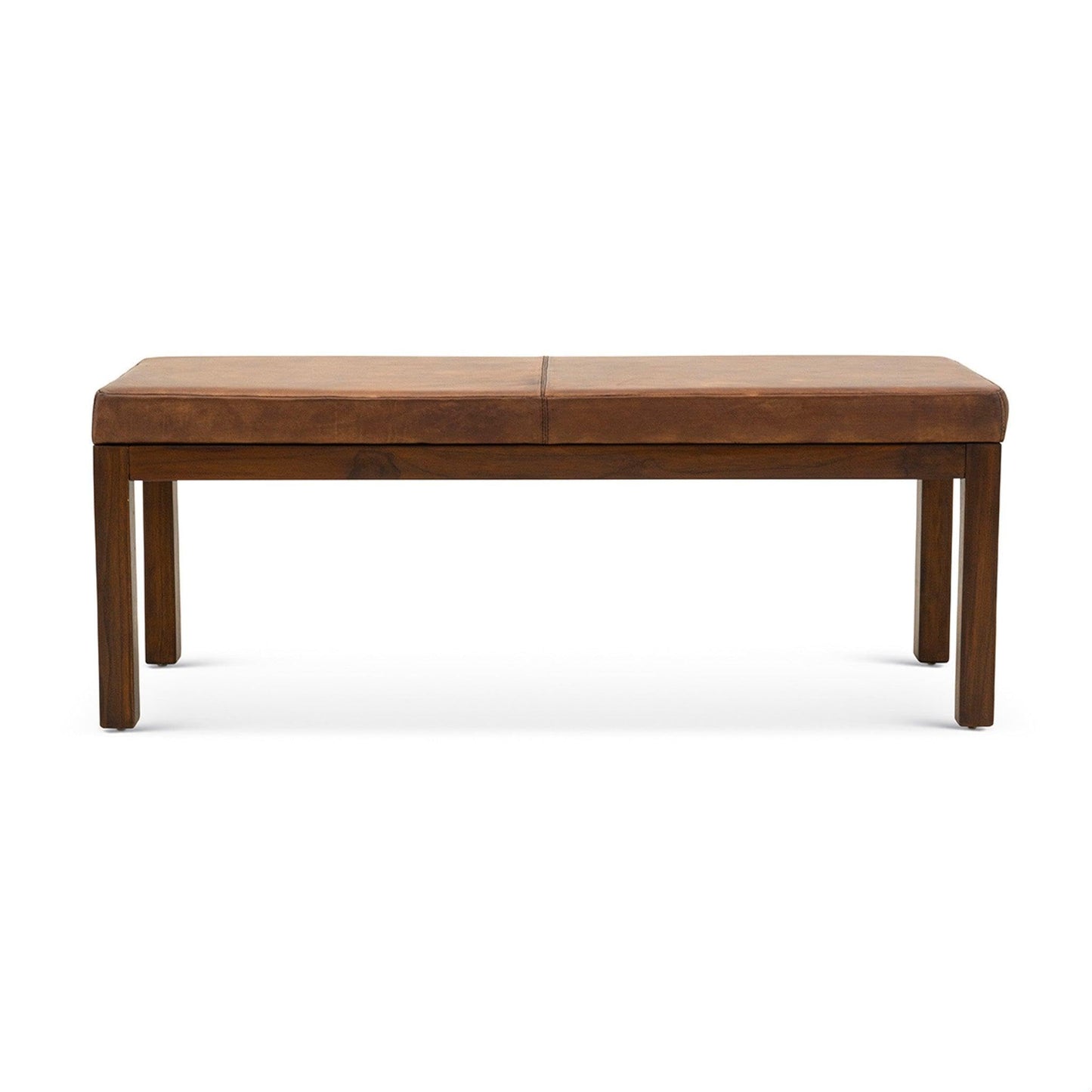 GDFStudio Mid-Century Modern Entry Bench, Tan Genuine Leather Rectangle Ottoman with Solid Wood Legs, Upholstered Dining Room Bench for Bedroom Living Room Hallway Indoor Home Furniture, Brown