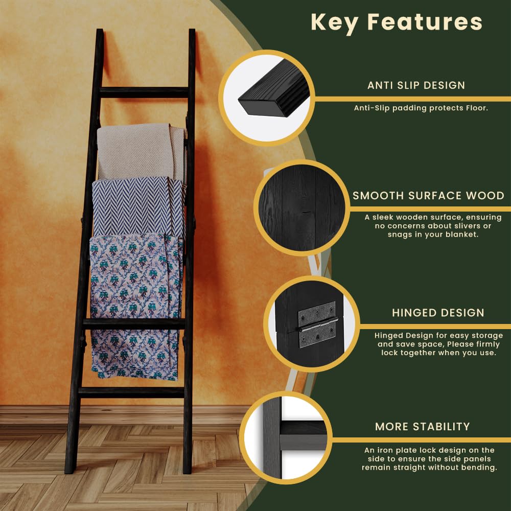 Wooden Blanket Ladder for Living Room 6-Tier, Decorative Ladder Blanket Rack & Quilt Ladder Decor with Removable Hooks, Farmhouse Wood Ladder, Easy Assembly, Anti-Slip Sturdy Blanket Holder, 68 Inch.