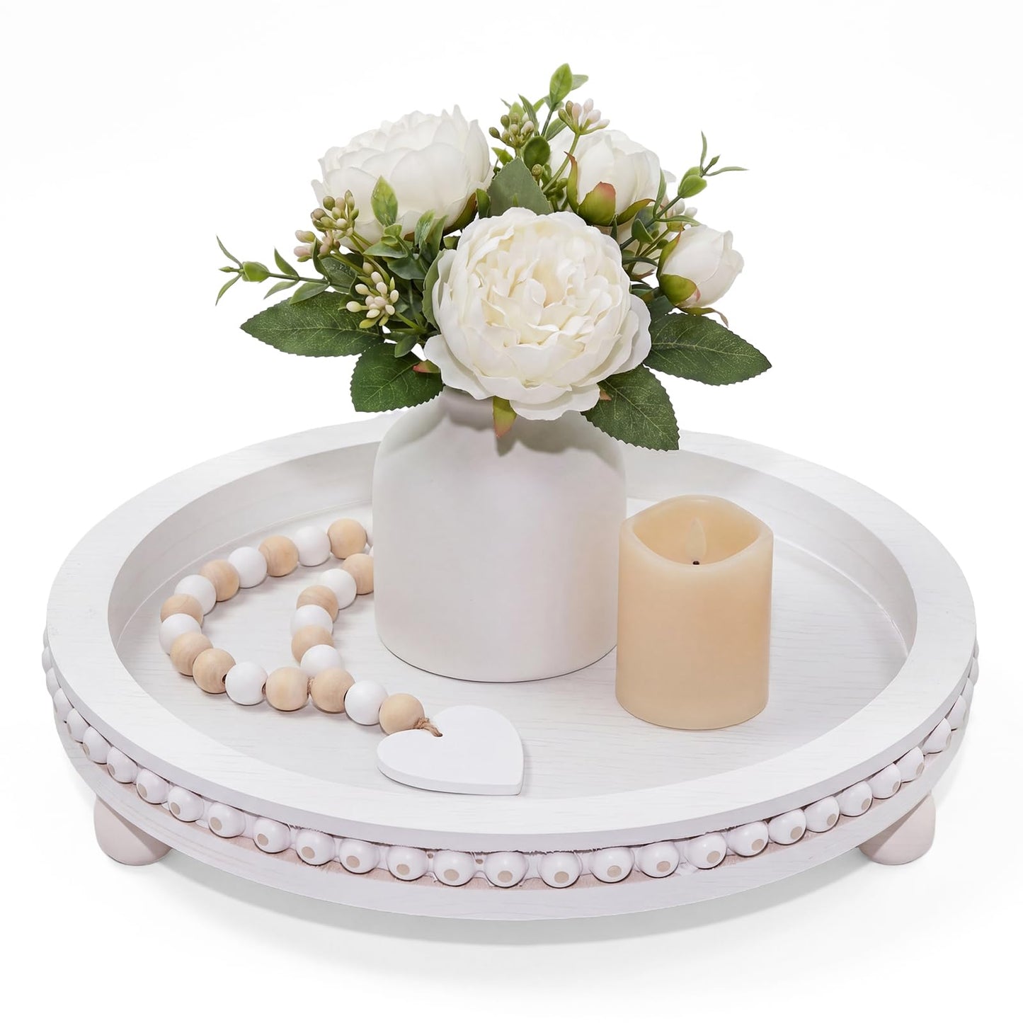 Yleuuiry 11.8 Inch Round Wooden Decorative Tray, Distressed White Farmhouse Beaded Tray for Coffee Table, Rustic Wood Centerpiece Tray with Beaded Edge for Kitchen Counter, Candle, and Home Decor