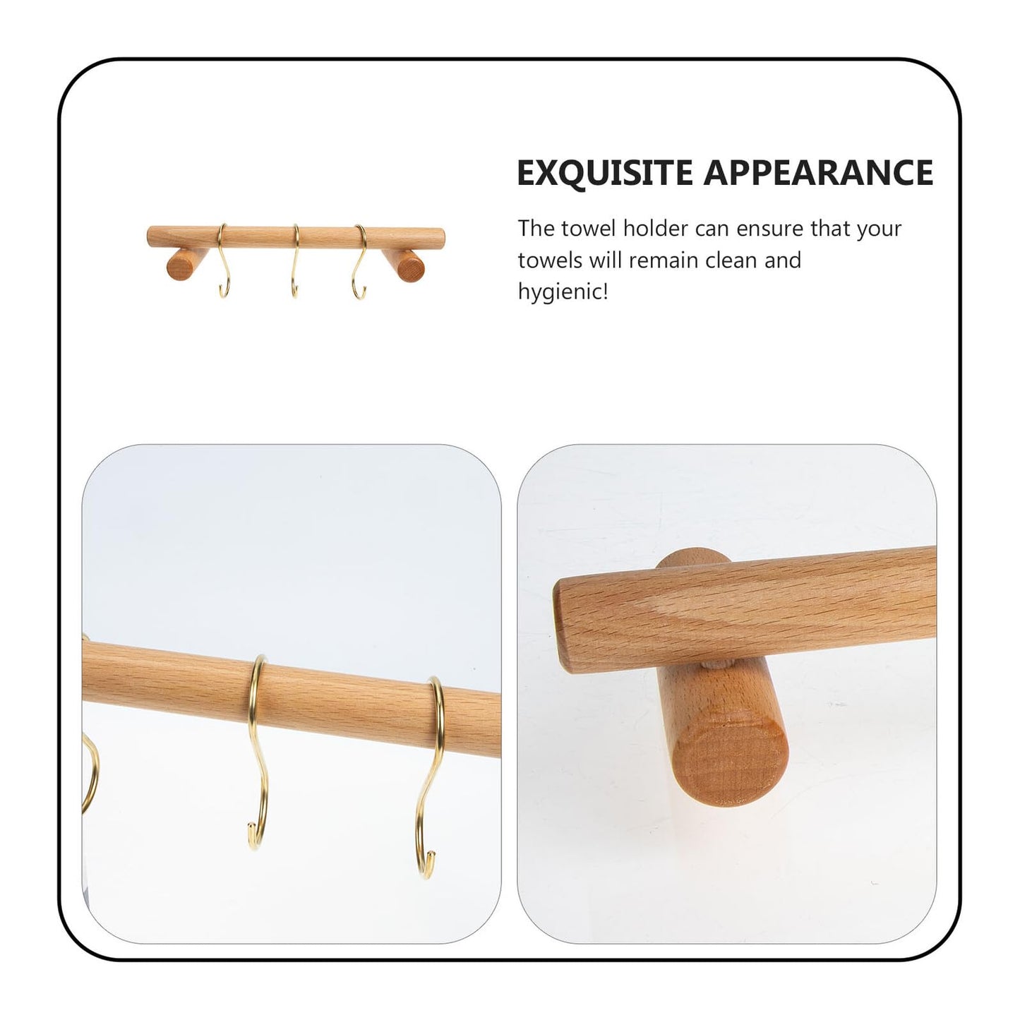 HOMOCONO Wooden Towel Rack Wall-Mounted Bathroom and Kitchen Towel Bar Installation with Brass S-Hooks Corrosion-Resistant Single Rod Holder for Quick Drying