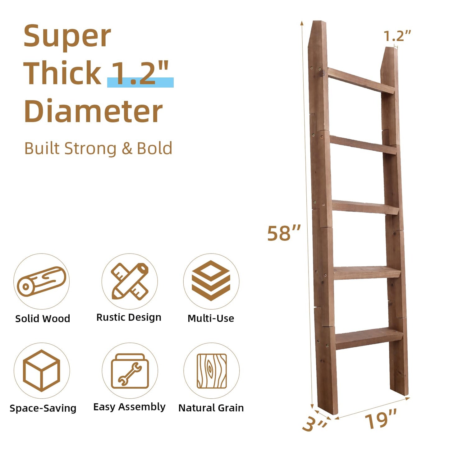 SwallowLiving Blanket Ladder – 58in Solid Wood Towel Ladder, Rustic Decorative Ladder for Blankets, Wooden Blanket Ladder Quilt Rack, Farmhouse Blanket Ladder for Living Room & Bathroom
