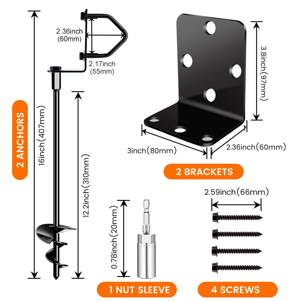 Ground Anchors Shed Anchors 14" Set of 2 Trampoline Stakes Screw in Heavy Duty Mobile Home - Storage Shed Anchor Kit - Playset Swing Anchors - Stakes for Fence,Carport,Garden (Black, 2 x 14in)