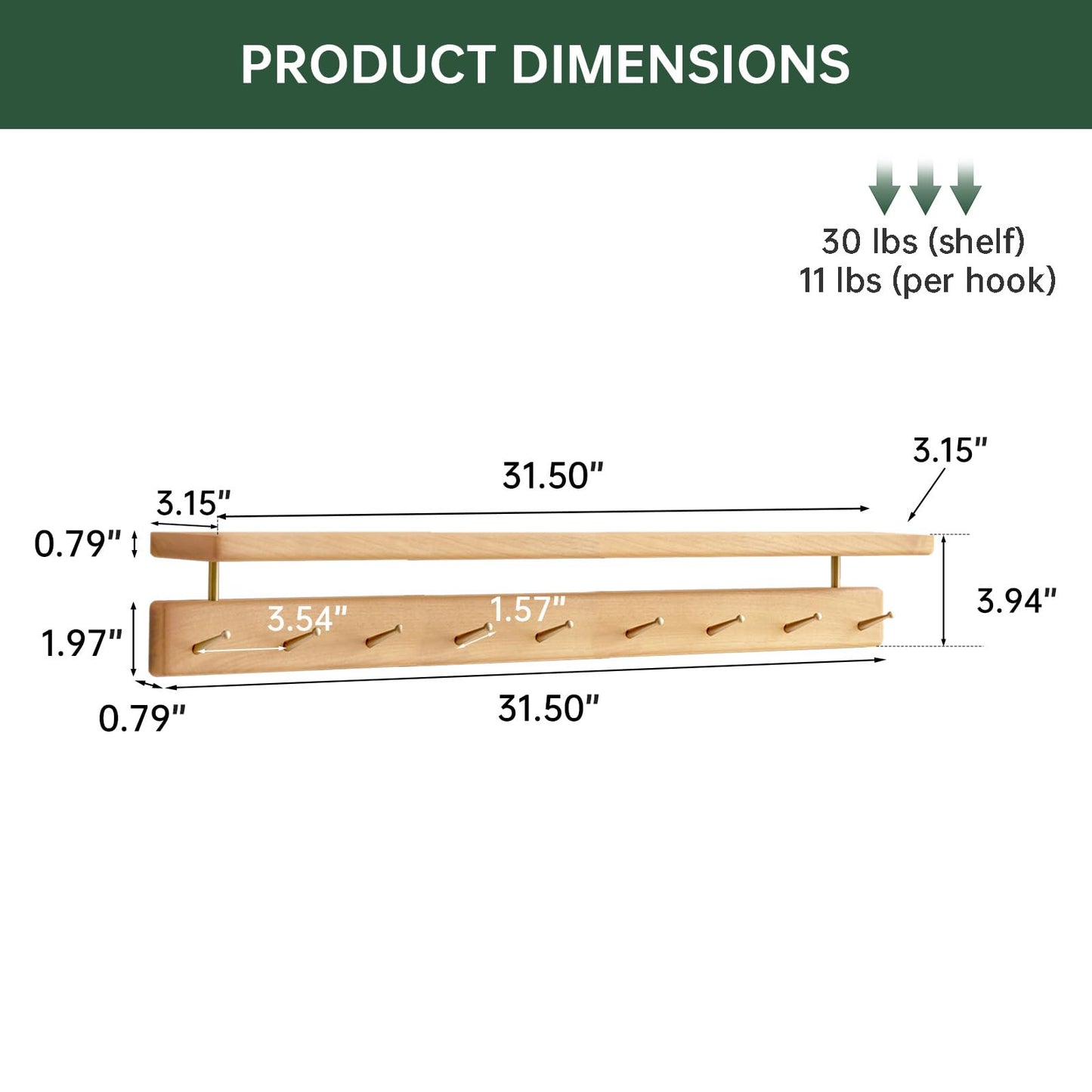 Wayshome Solid Wood Wall Hooks with Shelf, Coat Rack Wall Mount, Entryway Hanging Shelf with 9 Brass Hooks for Hats, Clothes, Towels, Bags, Beech Wood, Natural