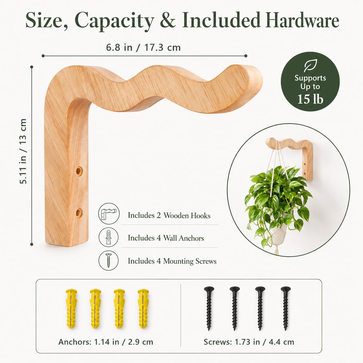 FGSAEOR Wavy Wooden Plant Hangers Wall Mount Hanging Plant Hooks 2 Pack