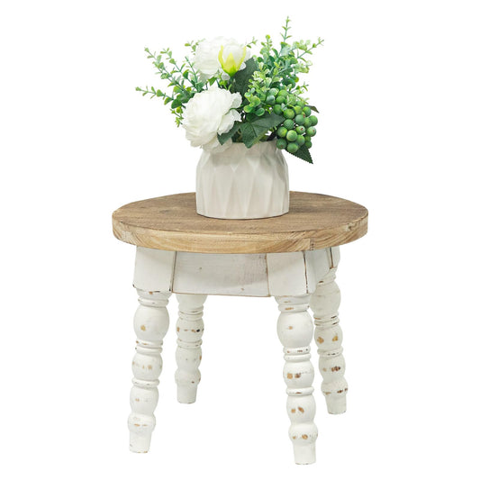 UPPER DECOR Solid Wood Indoor Plant Stand Stool, 11.8" Round × 10.6" Tall Small Wood Plant Stand for Pots, Vases & Home Décor – Rustic Vintage White Display Pedestal & Plant Holder for Indoor or Outdoor Use