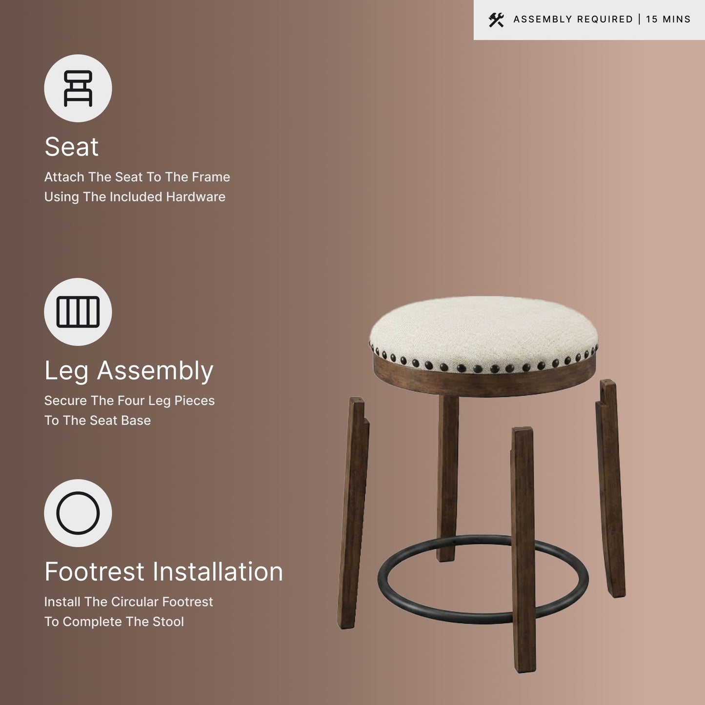 Signature Design by Ashley Valebeck Upholstered Swivel Stool, Cushioned Seat, Woven Fabric Upholstery, Wood, 24" H, Brown & Black