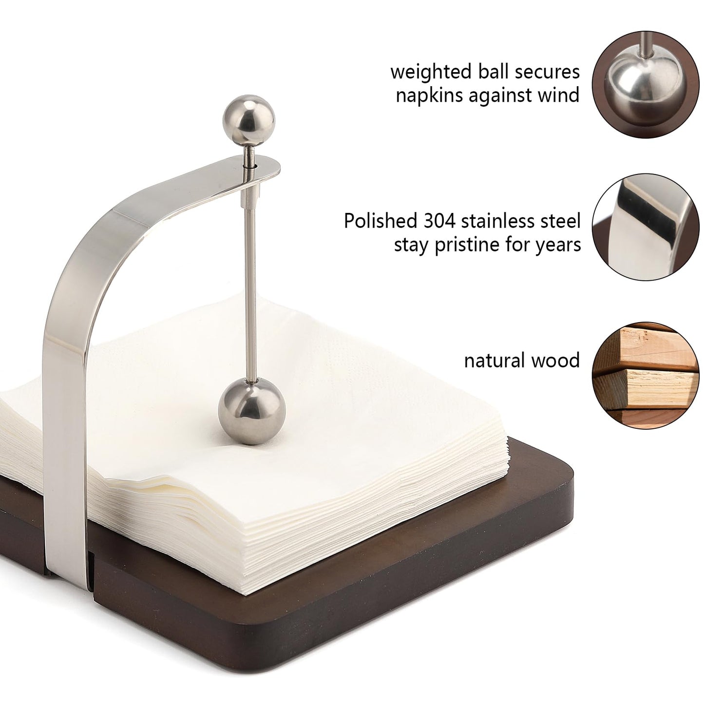 Napkin Holder, Wood Square for Table Dispenser with Weighted Arm, Perfect for Kitchen, Office, Restaurant,Home Décor, Cafe, Warming Gift