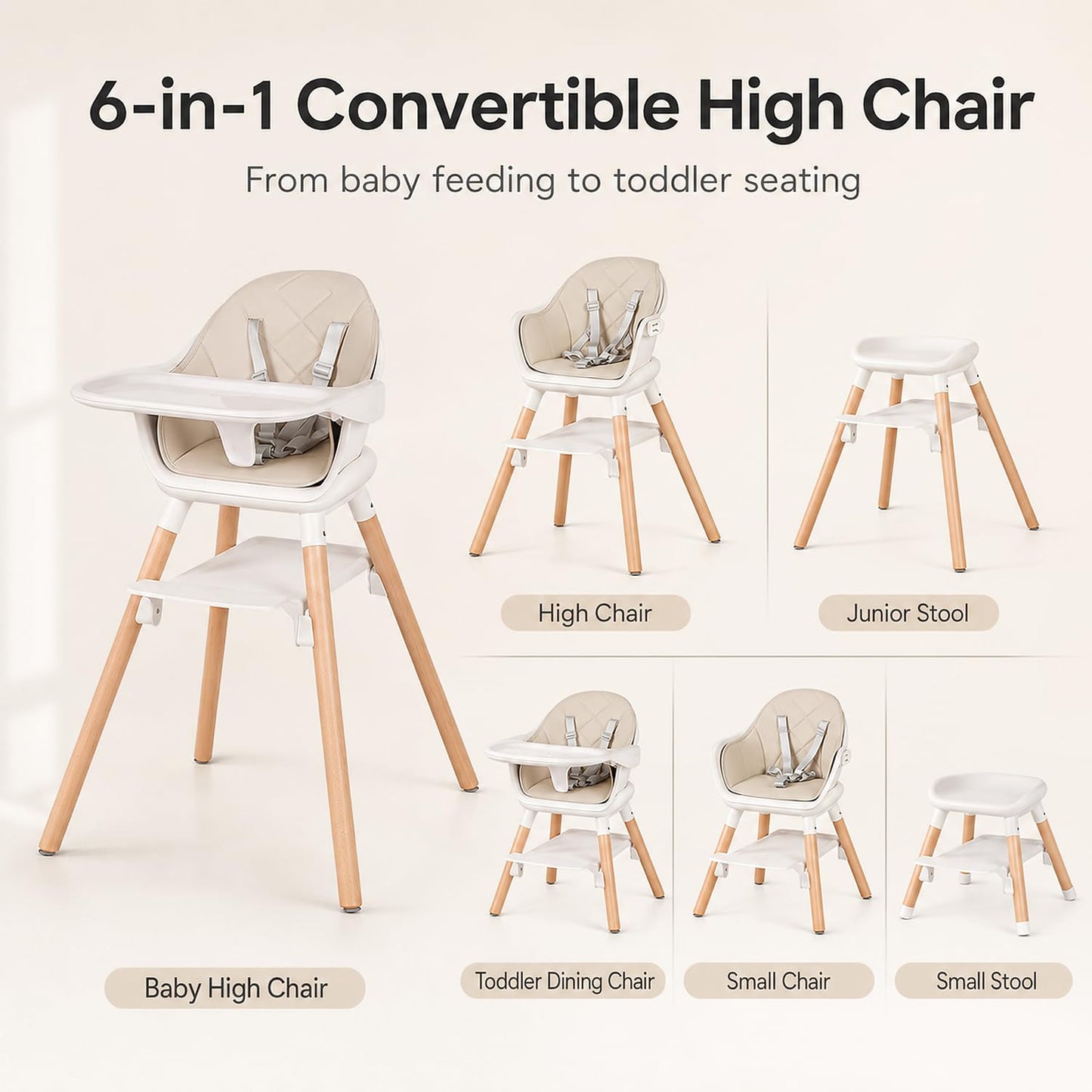 DDIOYIUR Baby High Chair, 6 in 1 Convertible High Chairs for Babies and Toddlers, Easy Clean Highchair with Removable Double Tray, 5-Point Harness, Reversible Footrest, Beech Wood Legs, Champagne