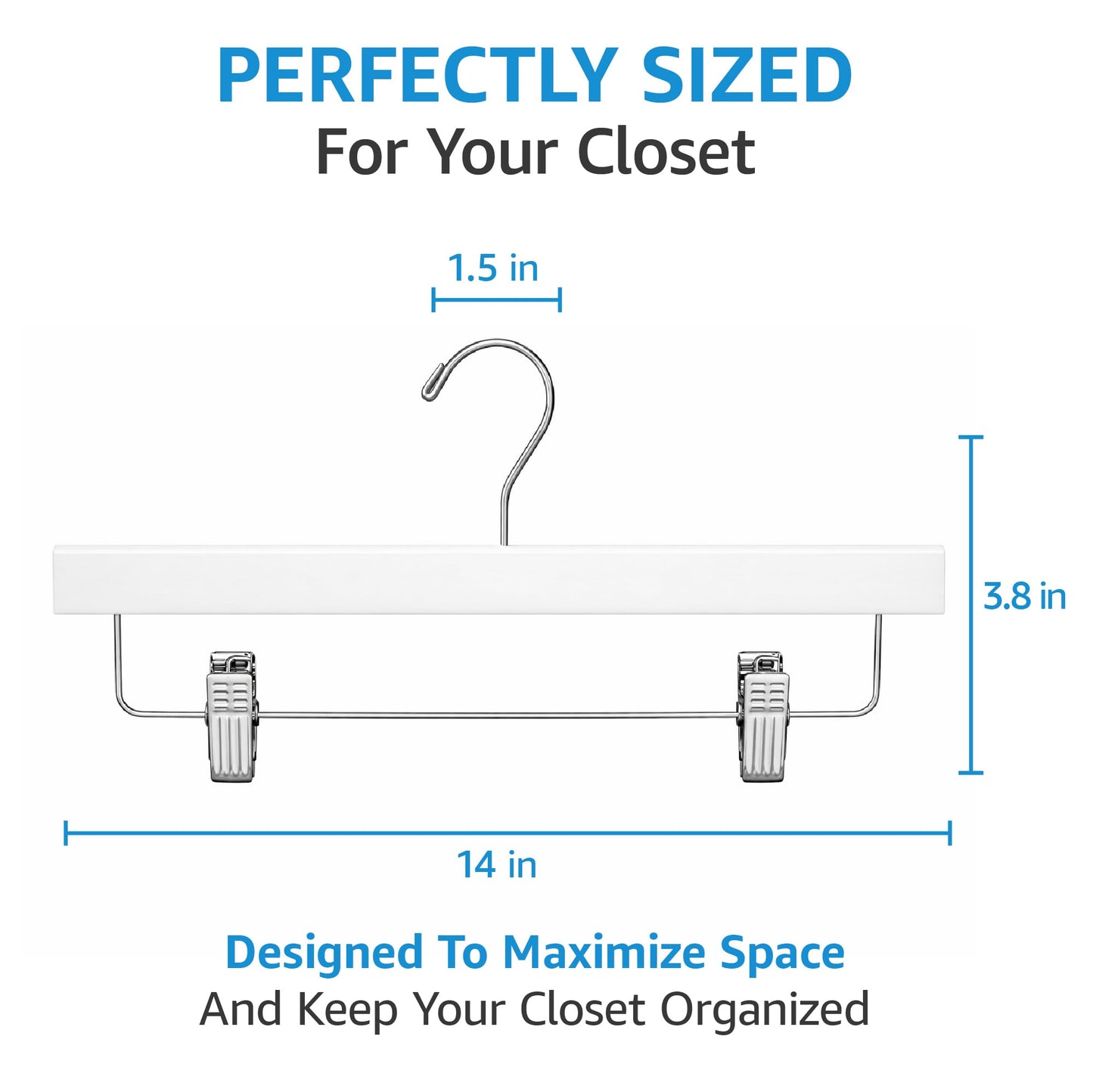ZOBER Wooden Pants Hangers with Clips - 10 Pack Premium Wood Skirt Hangers for Women, Heavy Duty Wooden Hanger with Adjustable Metal Grip Clips for Jeans and Shorts, Smooth Finish White