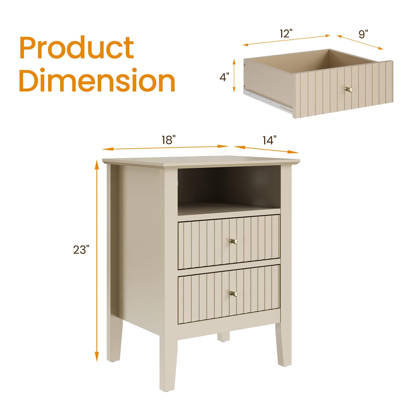 May in Color Beige Fluted Nightstand with 2 Drawers Set of 2, Modern Wooden Sofa Table with Storage for Small Spaces, Tall End Table for Bedroom,Living Room