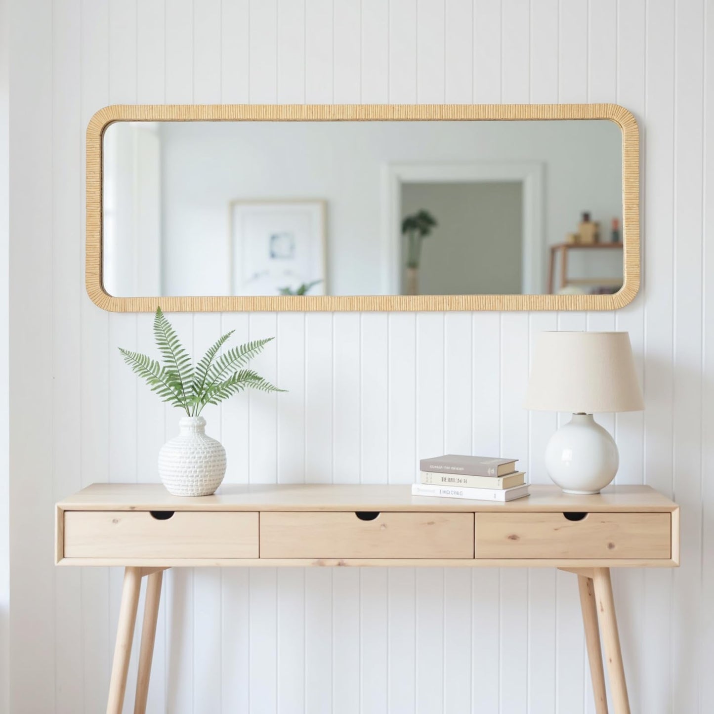 Gumcoly Rattan Mirror 18"x48" Rectangle Long Full Length Mirror Farmhouse Wicker Wooden Framed Full Body Floor Mirror Lean Against Wall for Bathroom Entryway Living Room Bedroom Fireplace Nature