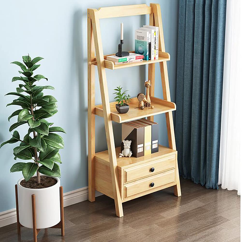 Wddwymll 2-Tier Ladder Shelf Industrial Bookcase,Storage Display Shelving with Drawer and 2 Shelves,Leaning Rustic Bookcases,for Living Room,Bedroom,Office(60×35×140cm)