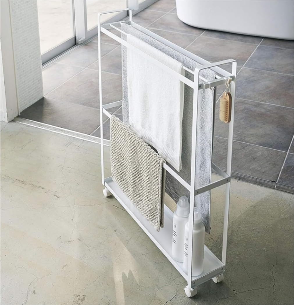 BIOMICE Floor Towel Rack 4-Tier Bar Freestanding Towel Rack Cart Rolling with Wheels Bathroom Metal Towel Stand with Storage Shelf Freestanding Towel Racks(Black)