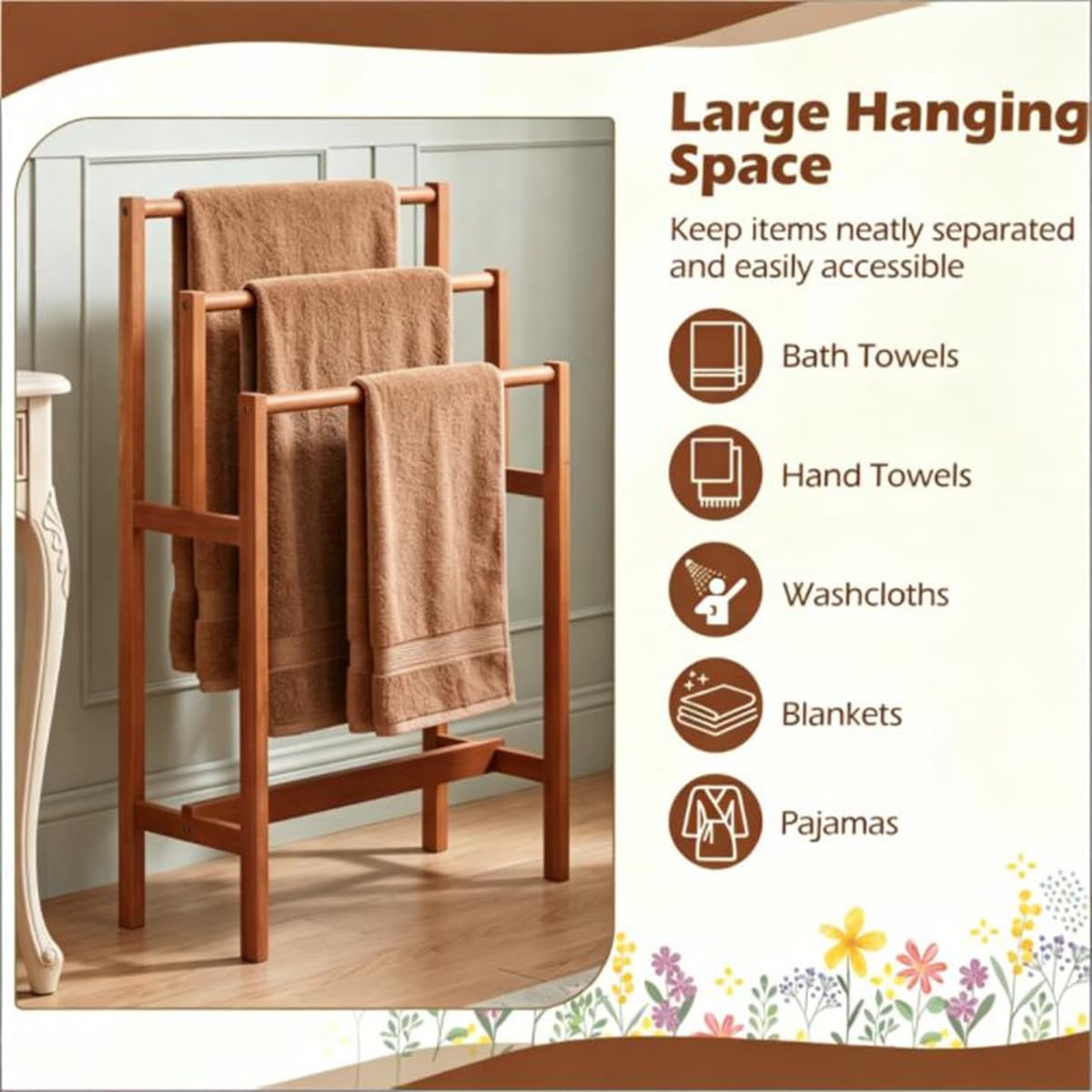 3-Tier Freestanding Hardwood Towel Rack, Farmhouse Blanket Ladder for Bathroom & Living Room, Space-Saving Vertical Towel Bar Storage Stand, Natural Solid Wood Quilt Drying Rack