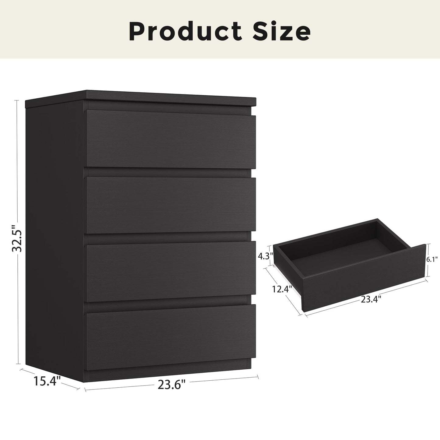 Jocoevol 4 Drawer Dresser for Bedroom, Black Dresser Chest of Drawers - Large Wood Dressers TV Stand with Deep Drawers Dressers for Living Room, Hallway, Entryway - Black