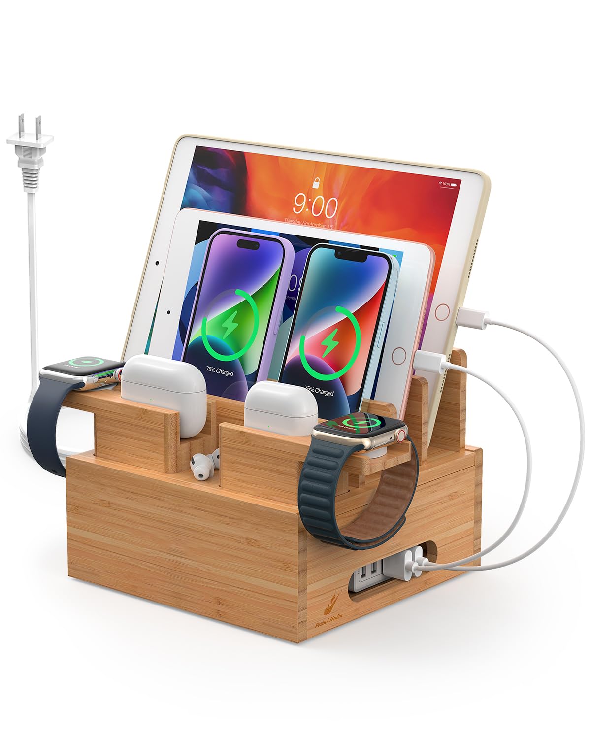 Pezin & Hulin Bamboo Charging Station for Multiple Devices, with Power Charger, Wire Cables 5 Pack, Compatible with Multi Phones & Tablet, for Earbuds & Smart Watch