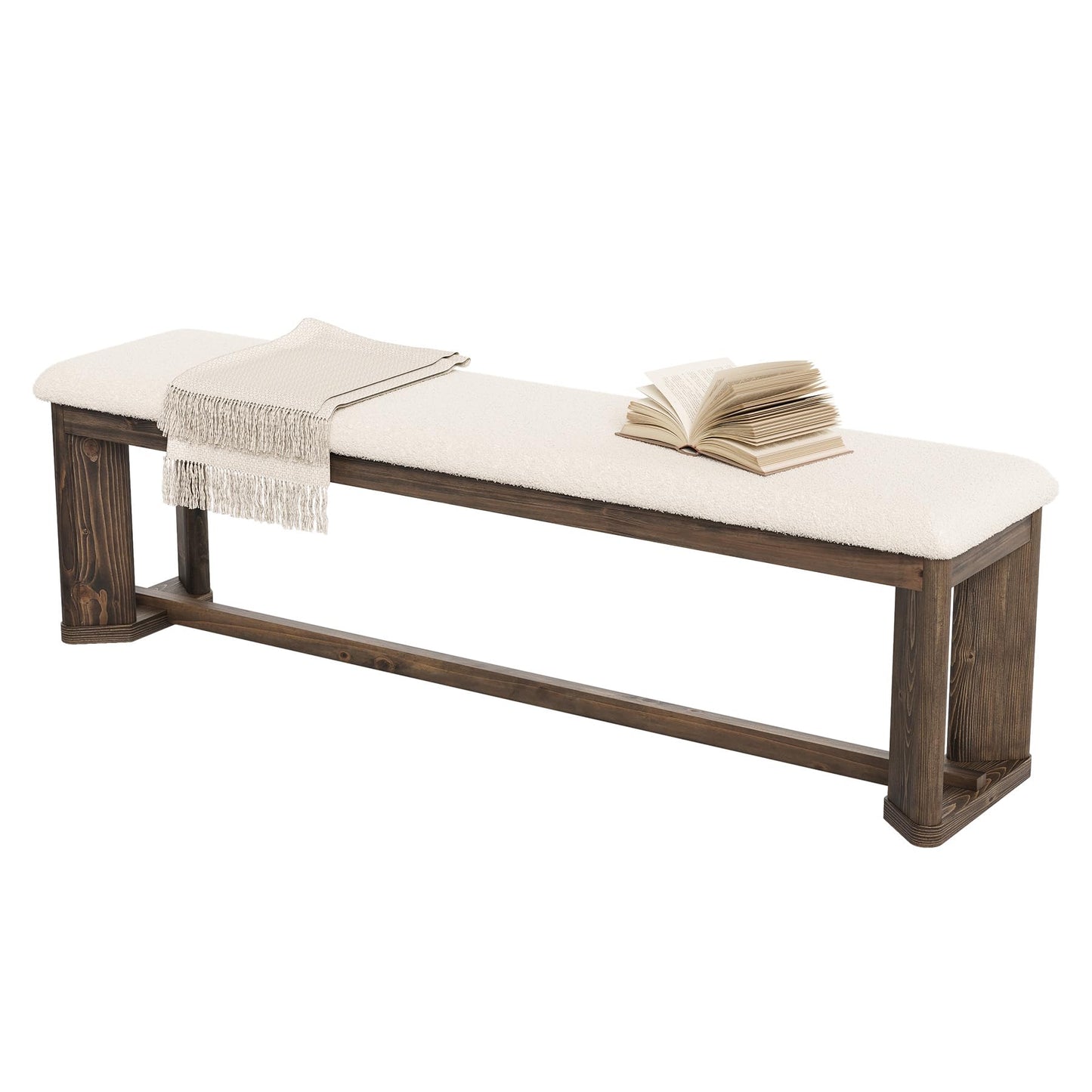 LITTLE TREE 63" Upholstered Bench, Solid Wood Entryway Shoe Bench with Cushion, Long Modern Farmhouse End of Bed Bench with Antique Brown Legs & Faux Lamb Fur Seat for Bedroom, Living Room, Dining