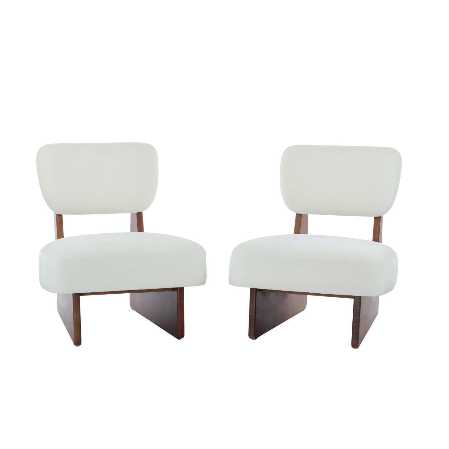 Christopher Knight Home Mores Low Profile Accent Chair Set of 2, Modern Living Room Armless Lounge Chair, Fabric Comfy Reading Chair for Bedroom, Wooden Frame and Thick Padded Seat, White+Walnut