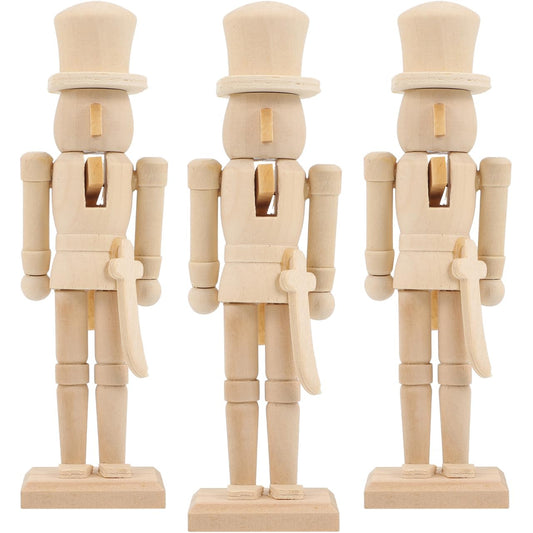 3Pcs Christmas Wooden Unfinished Nutcracker Figurines DIY Blank Unpainted Nutcracker Puppet Walnut Soldier Ornament Decoration, 7 Inch