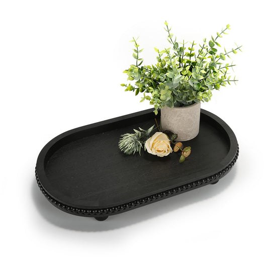 SYNCVIBE Wooden Decorative Tray for Home Decor, Beaded Black Oval Tray Decor for Coffee Table, Rustic Wood Serving Trays Farmhouse Centerpieces for Living Room Kitchen Counter (Black Oval)