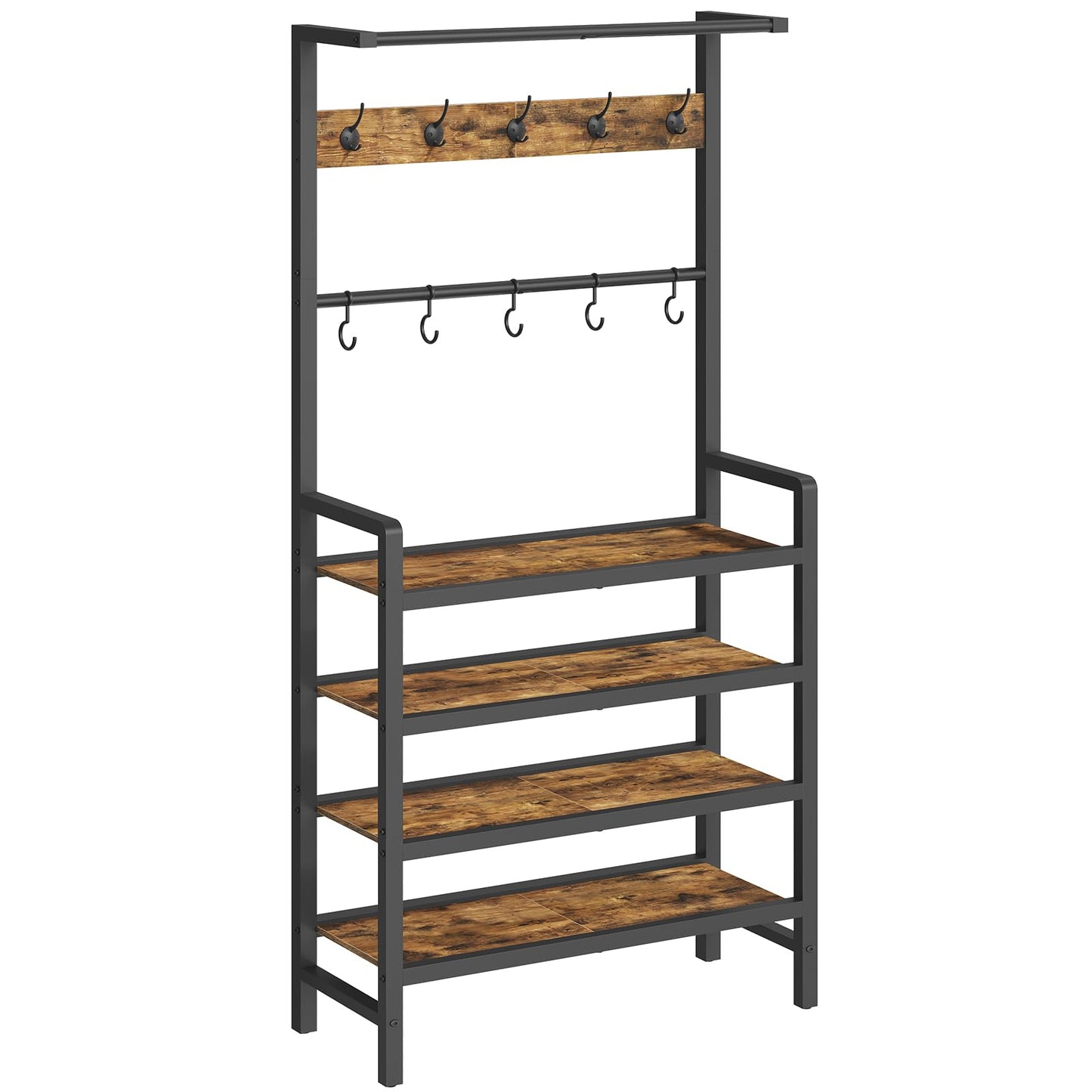 YATINEY Hall Tree, Coat and Shoe Rack, Entryway Coat Rack with 4-Tier Wooden Shoe Rack and 10 Hooks, Freestanding Hall Tree with Shoe Storage for Entryway, Hallway, Rustic Brown and Black MT09BR