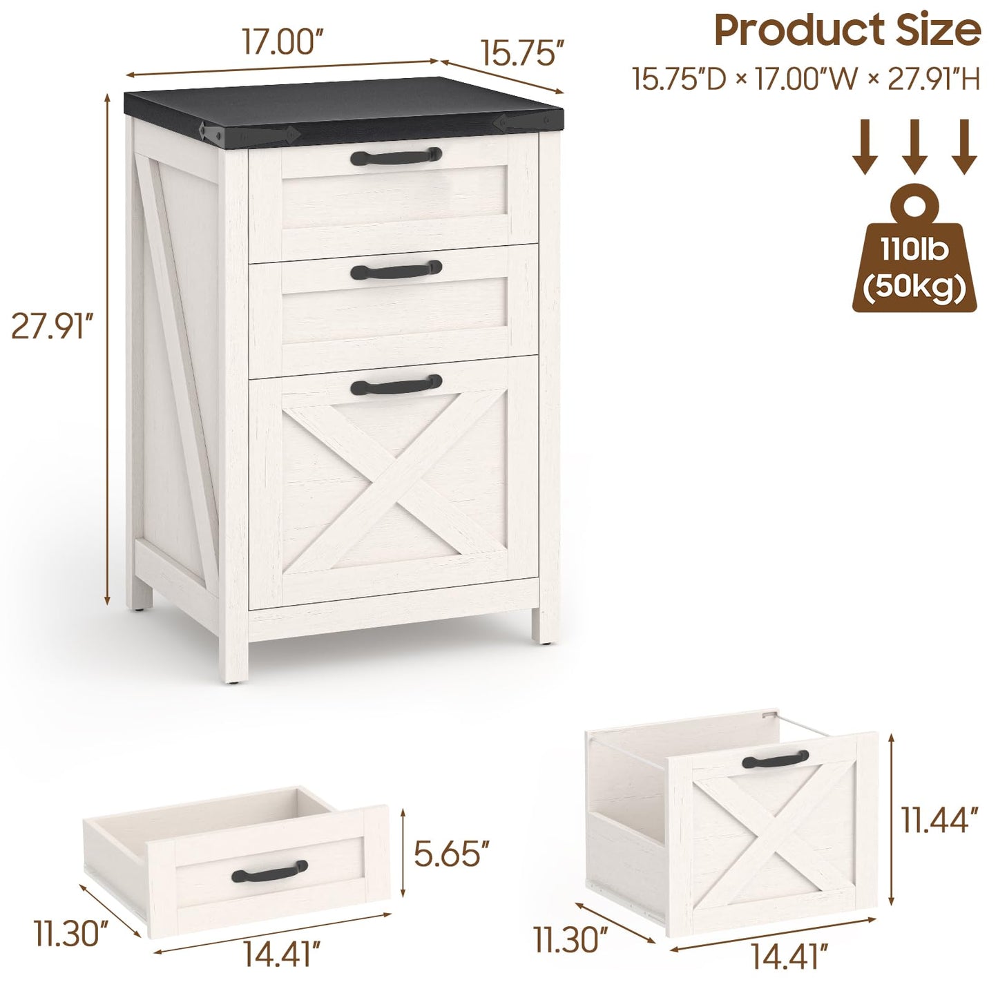 Halitaa 3 Drawer Small File Cabinet, Farmhouse Vertical Filing Cabinet Fits Letter and A4 Size, Under Desk Wooden File Cabinets for Home Office, Printer Stand, White and Black