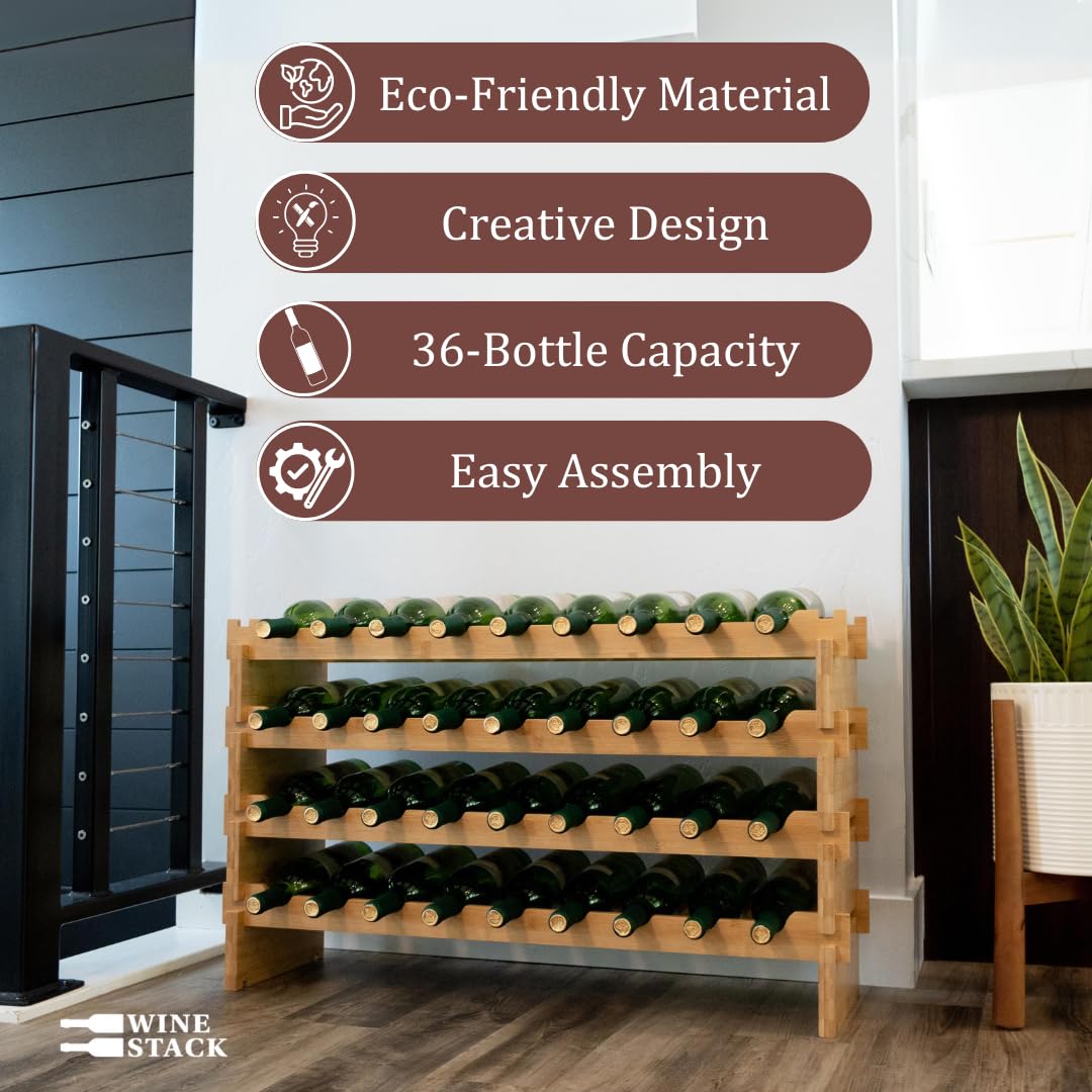 Wine Stack 36 Bottle Bamboo Stackable Freestanding Wine Rack, No Tools Assembly, Durable, Wine and Liquor Bottle Storage for Small Spaces