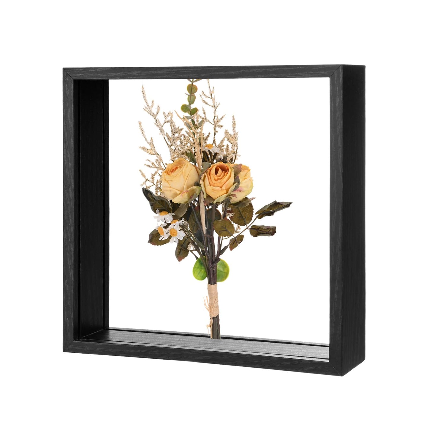 M METERXITY 1-Pack Dried Flower Frame, 8 x 8 Inch Double Acrylic Wooden Dried Flower Photo Floating Frame for Tabletop/DIY/Handicrafts [Black]