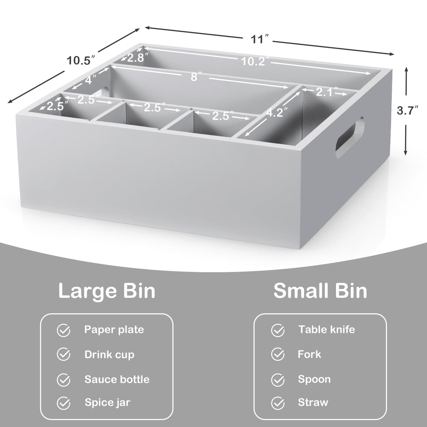 GCWSTJK Wood Utensil Holder for Party, 6-Compartment Paper Plate Organizer with Handles, Wooden Silverware Caddy for Picnic, Camping, BBQ, Buffet, and Kitchen Countertop Organization, Gray