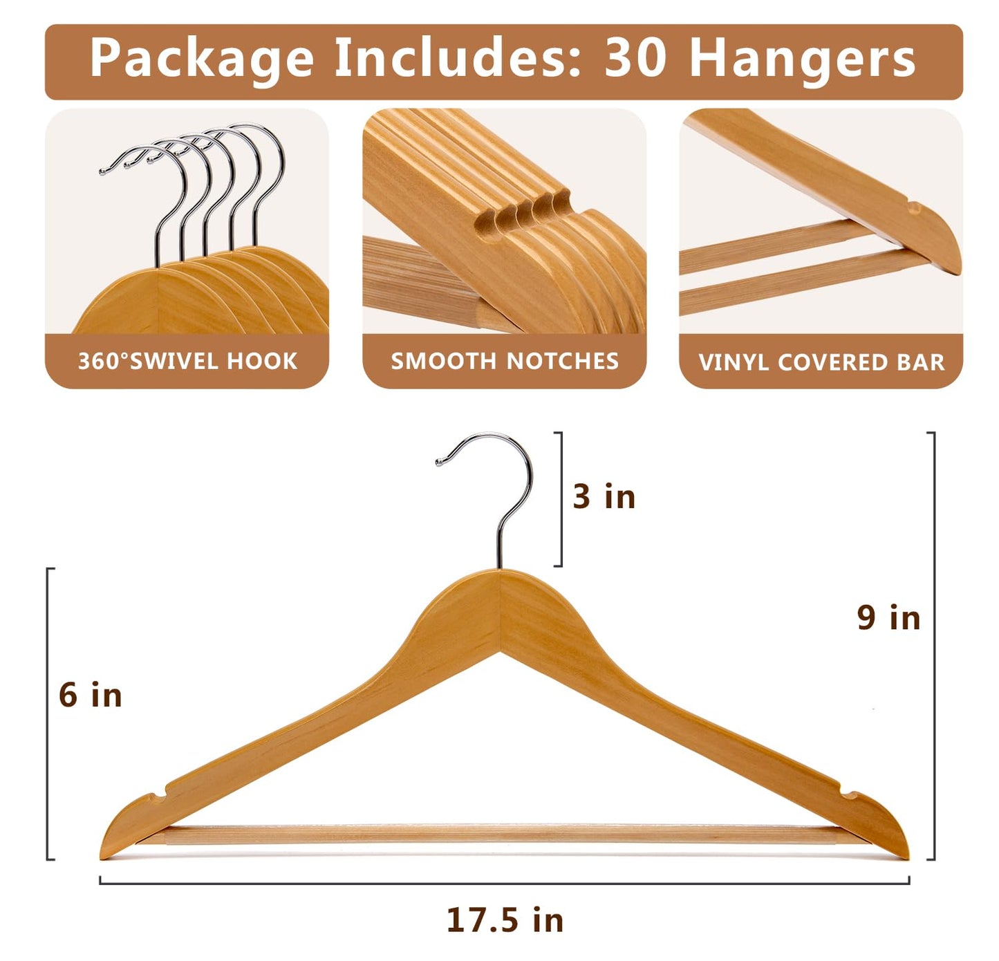 Wooden Hangers 30 Pack, Non-Slip Wood Hanger with 360°Swivel Hook & Notches, Durable & Slim Coat Hangers for Shirt, Suit, Jacket, Dress, Natural-HL01N3