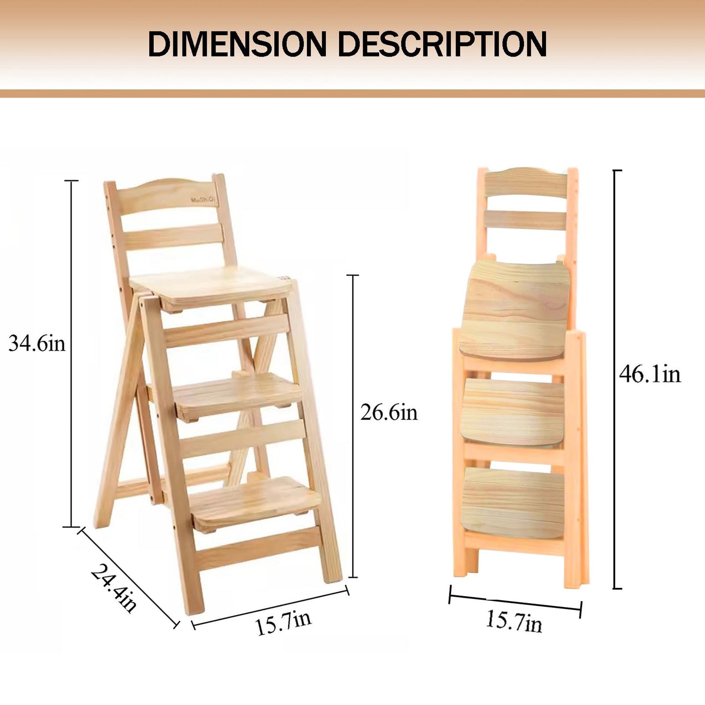 CDDUOLA Folding Bar Stool, 3 Step Multifunction Portable Adults Solid Wood Ladder Stool for Household Kitchen, Bathroom Storage Shelf, Wood Color