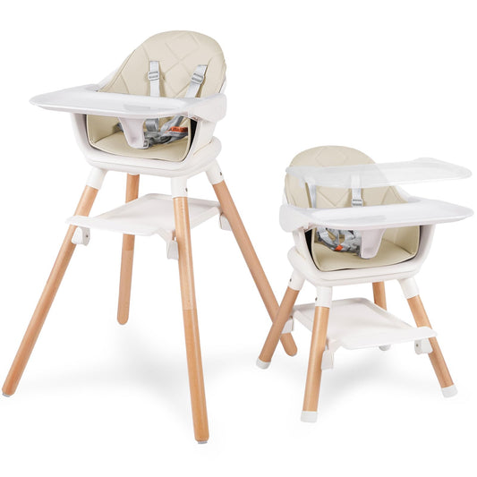 6 in 1 Baby High Chair, Convertible Wooden High Chairs/Booster Seat for Babies and Toddlers, Baby Feeding Chair with 5-Point Harness/Double Removable Tray & Adjustable Footrest (Beige)