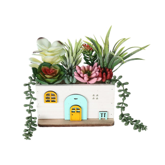 COTSEN 7.9 Inch Artificial Succulent Plants Wooden House Shape Potted Plants Gardening Gifts Fake Succulents for Home Office Indoor Outdoor Decor