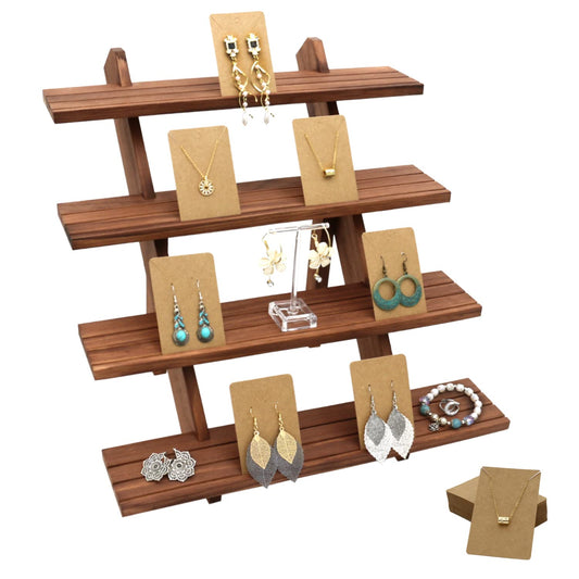 Auroal 51pcs 4-Tier Wood Earring Display Stand, Retail Display Riser Earring, Ring Holder Stand, Removable Countertop Small Merchandise Display Stand with 50 Pcs Earring Card (Light brown)