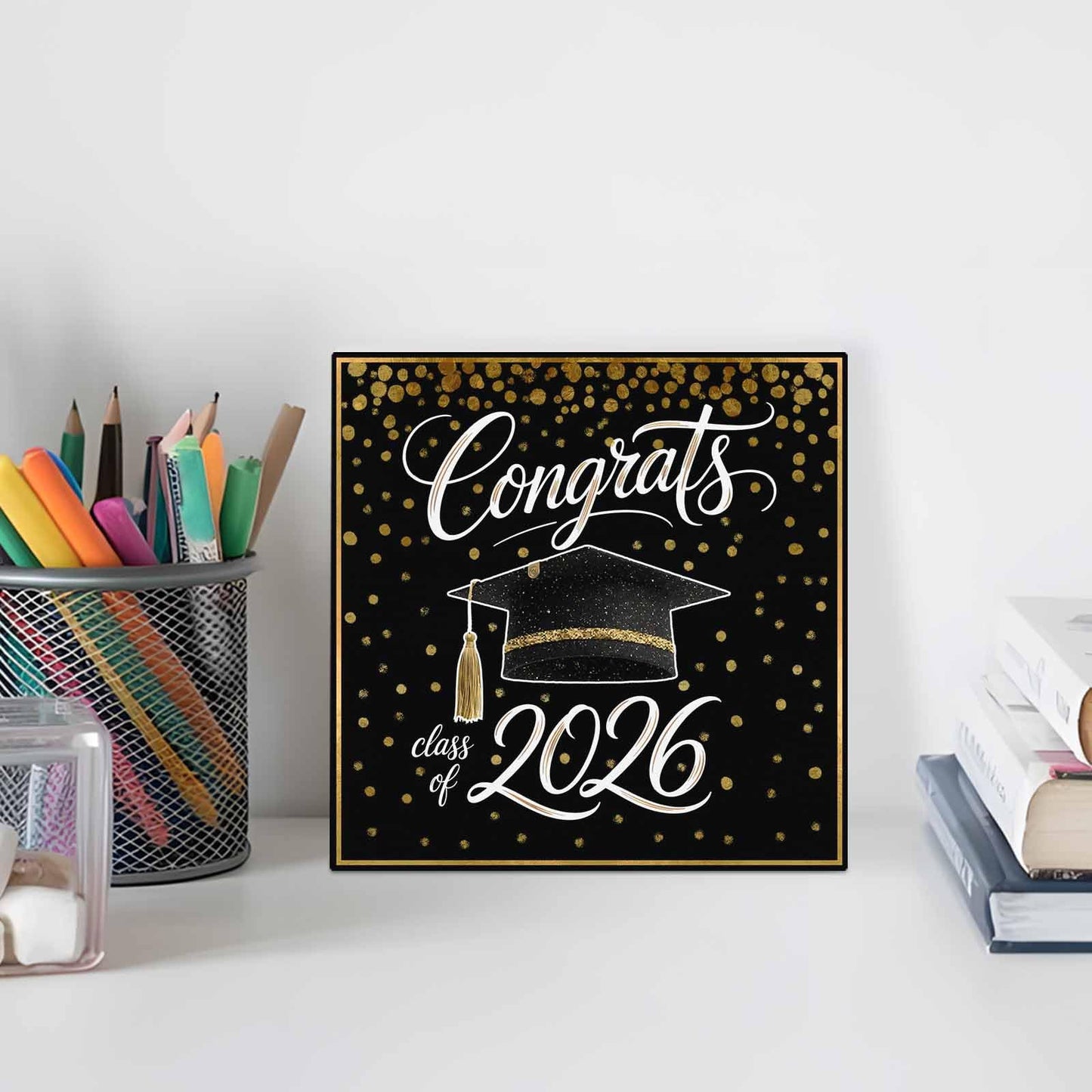 Gold Black Graduation Cap Wood Box Sign Desk Decor, Class of 2026 Academic Modern Decorative Wooden Block Box Sign Decorations for Home Office Shelf Table Decor 6x6 Inches
