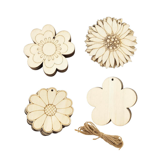 32 Pack Wooden Flower Cutouts - Unfinished Wooden Hanging Ornaments DIY Craft Gift Tags for Thanksgiving & Christmas Home Party Decoration