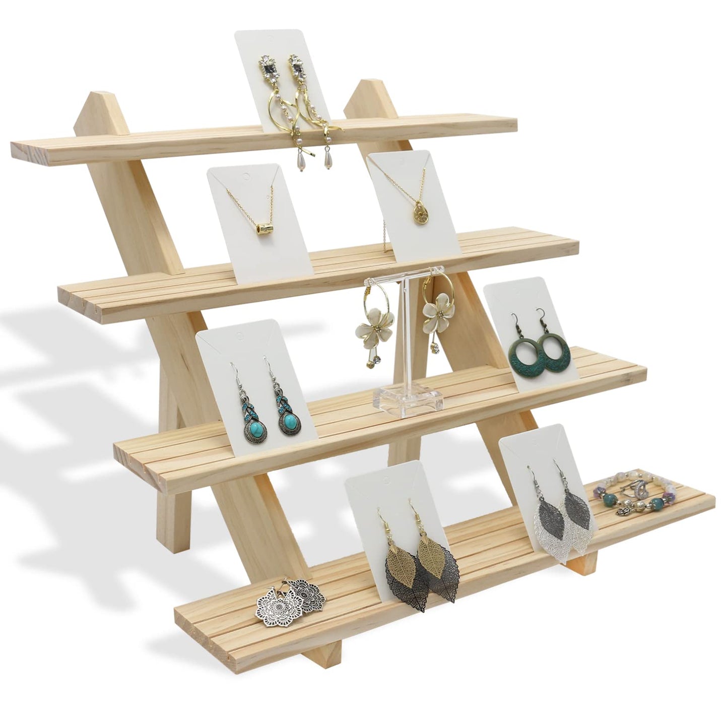 Auroal 4-Tier Wood Earring Display Stand, Jewelry Towers for Market Display, Farmers Market Display & Vendor Events, Natural Wood Earring & Jewelry Display for Vendors (4 Tier Wood.)