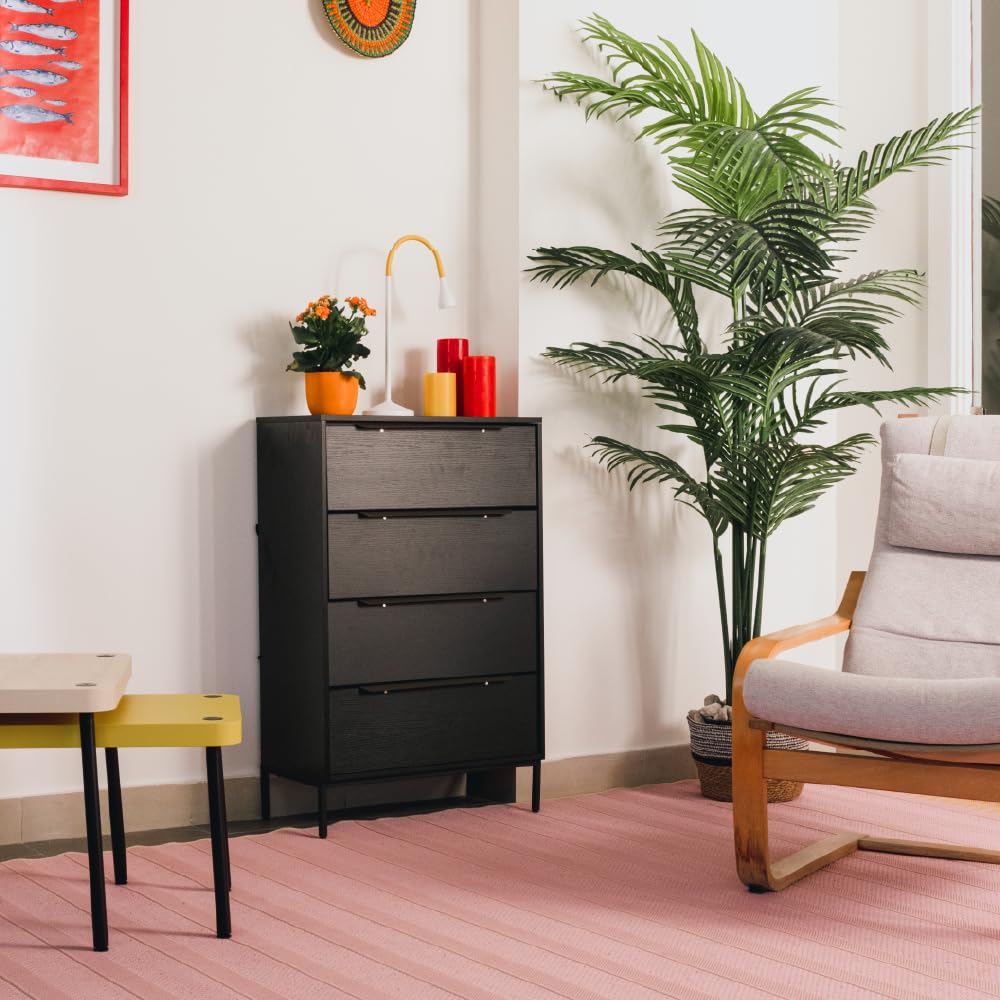 tinge Lira Premium 4 Drawer Fabric Dresser - Engineered Wood Frame Chest of Drawers for Bedroom - Strong & Sag-Proof Clothing Organizer with Sleek Metal Handles (Black)
