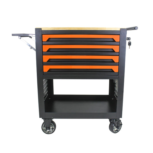 BouPower Rolling Tool Chest, 4-Drawer Rolling Tool Box with Interlock System, Wooden Top and Wheels for Garage, Warehouse, Workshop, Repair Shop Orange Color