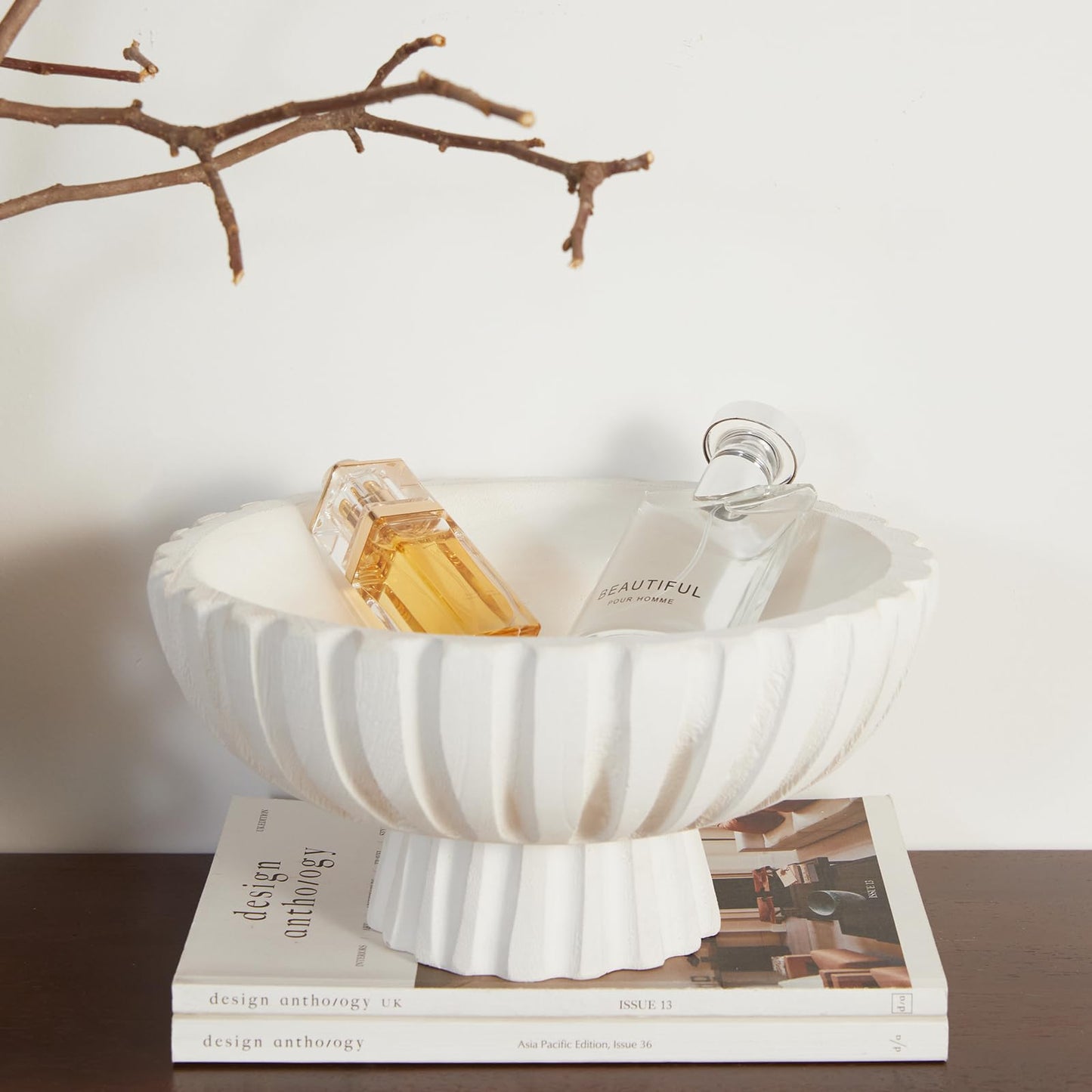 DN DECONATION White Wooden Decorative Bowl with Stand, 11.22" Wood Fruit Candy Key Holder Bowl for Centerpiece Home Room Decor Farmhouse Shelf Coffee Table Entryway