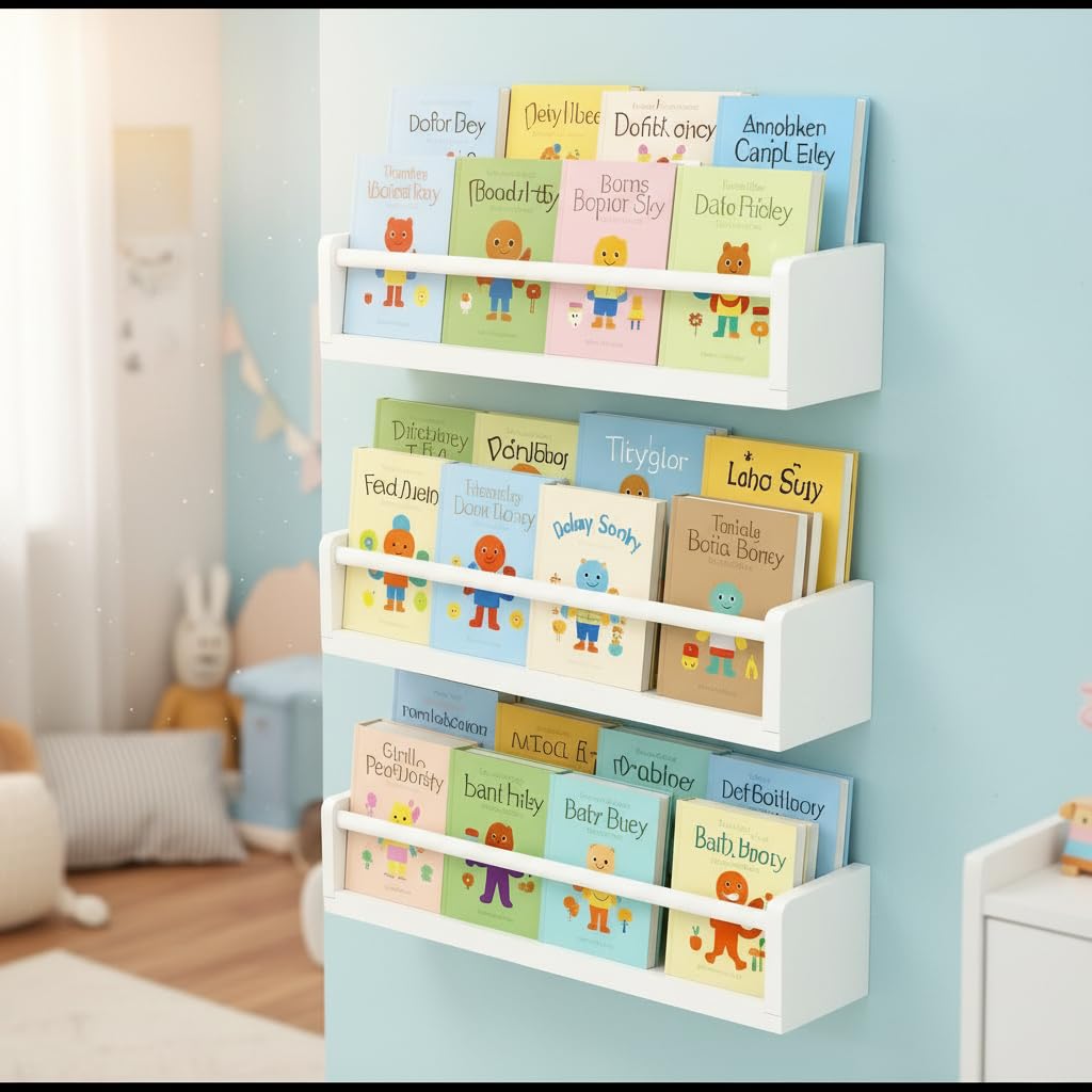Esonal White Nursery Floating Shelves Set of 3– Wall Mounted Kids Bookshelf & Toy Organizer – 16 Inch Rustic Pine Hanging Display Book Shelves for Bedroom, Playroom, and Baby Decor