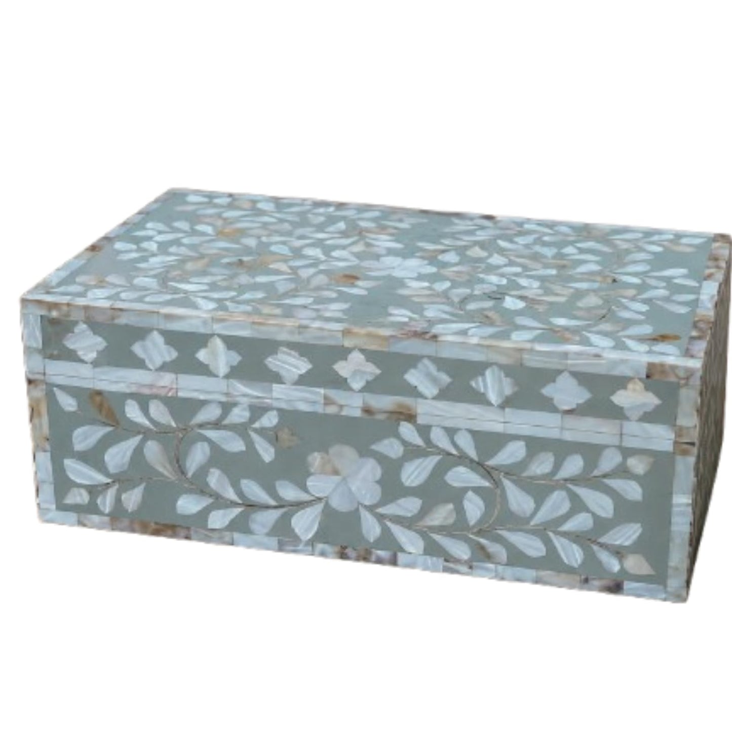HANDMADE ENTARO Decorative Wooden Storage Box with Mother of Pearl Inlay – Elegant Floral Design – Perfect for Home Décor in Living Room, Dining Area, or Bedroom (Grey, 12x8x5 inches)