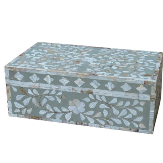 HANDMADE ENTARO Decorative Wooden Storage Box with Mother of Pearl Inlay – Elegant Floral Design – Perfect for Home Décor in Living Room, Dining Area, or Bedroom (Grey, 9x6x3.5 inch)