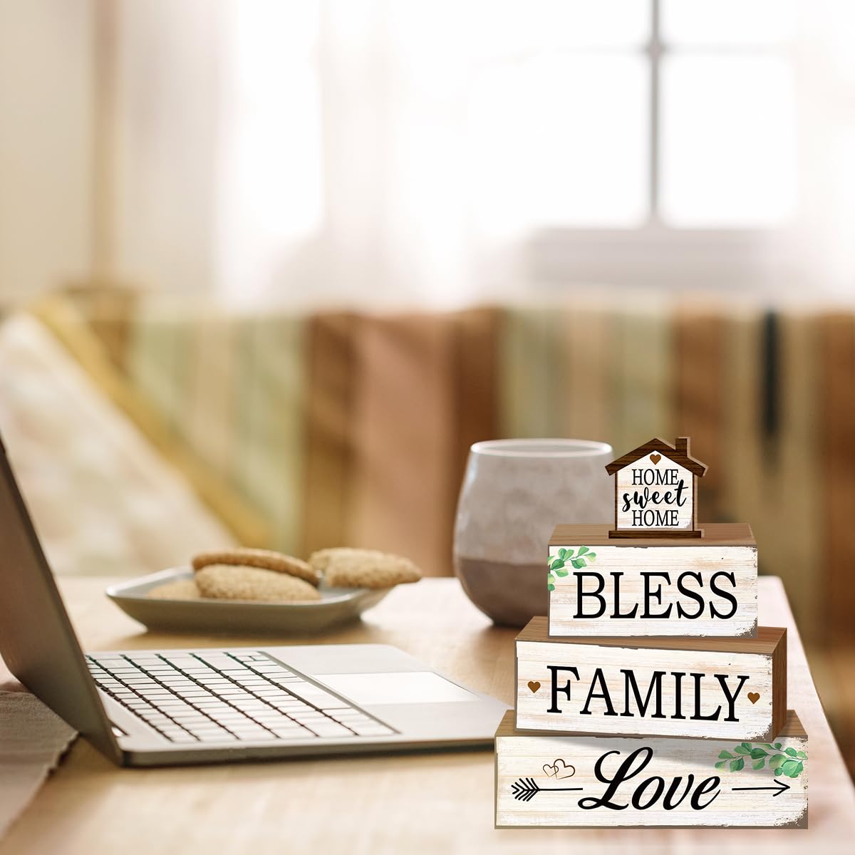 4 Pcs Sweet Home Table Decoration,Bless Family Love Wooden Block Signs,Farmhouse Table Centerpiece for Living Room Entryway Table Mantel Kitchen Counter Decor
