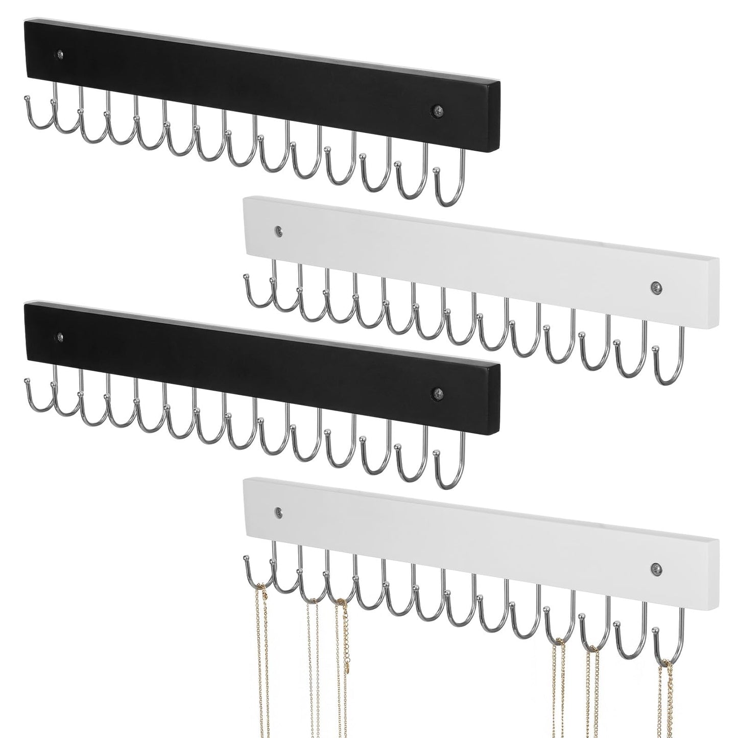 MAQUITA Jewelry Rack Wall Mount, 4 Pack Necklace Hooks with 56 Jewelry Hooks for Wall, Space-Saving Wooden Necklace Holder for Necklaces, Bracelets, Pendants, Earrings