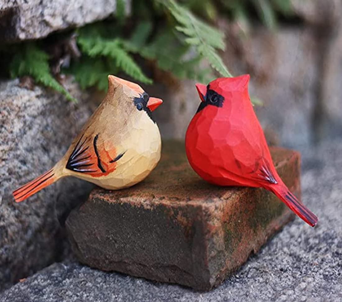 ALHBEJT Solid Wood Handcarving Northern Cardinal Birds Statue Wooden Bird Figurine Handpainted 3D Animal Figurine Hand-Made Home Office Decoration (Male and Female)