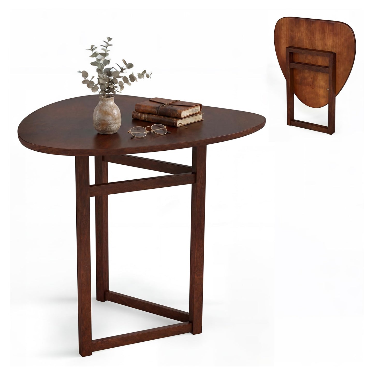 COSTWAY 31.5" Foldable Triangular Dining Table for 2-3, Small Kitchen Table with Walnut Wooden Top, Rubber Wood Legs, Space-Saving Compact Table for Small Apartments & Breakfast Nooks